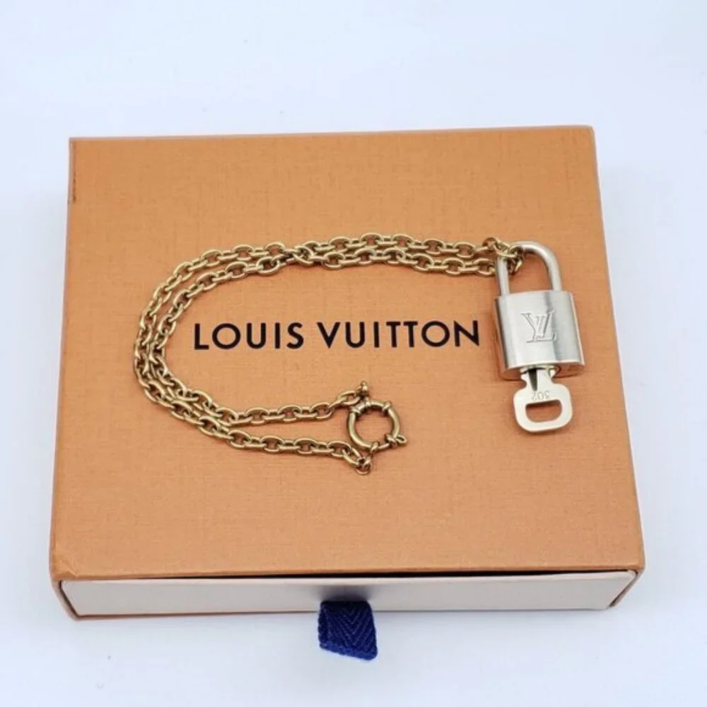 Authentic Louis Vuitton Gold Lock w/ Unbranded Stainless Steel Chain with Box